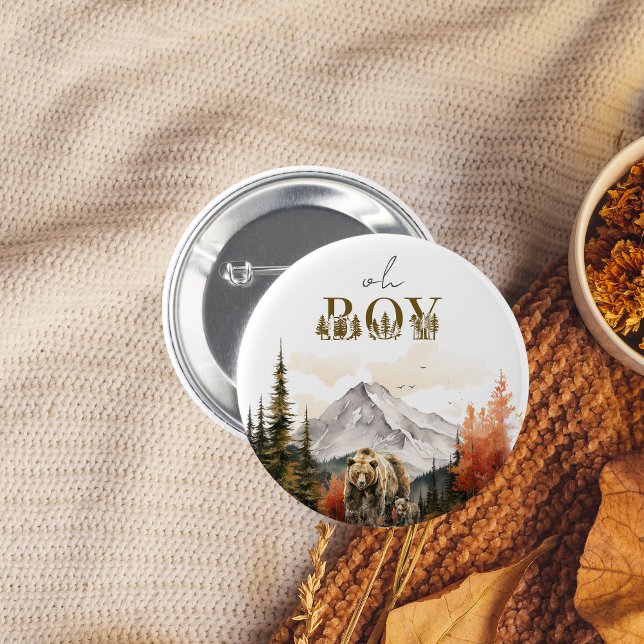 Oh Boy Rustic Woodland Mountain Bear Baby Shower 2 Inch Round Button (Creator Uploaded)