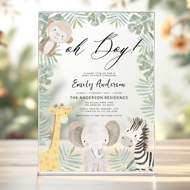 Oh Boy Safari Animal Boy's Baby Shower Acrylic Invitations (Creator Uploaded)