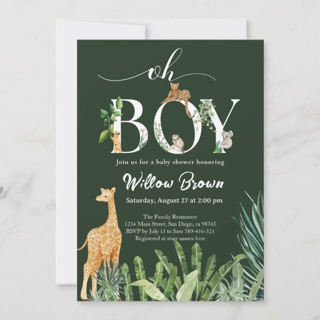 Oh Boy Safari Animal Forest Greenery Baby Shower Invitation (Front)