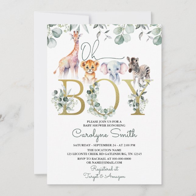 Oh Boy Safari Animals Greenery Baby Shower Invitation (Front)