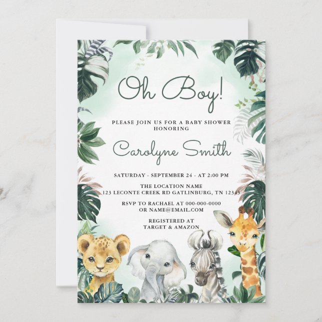 Oh Boy Safari Animaux Baby shower Invitation (Devant)