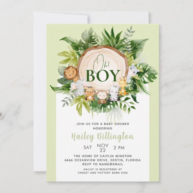 Oh Boy Safari Jungle Animals Baby Shower Invitation (Front)
