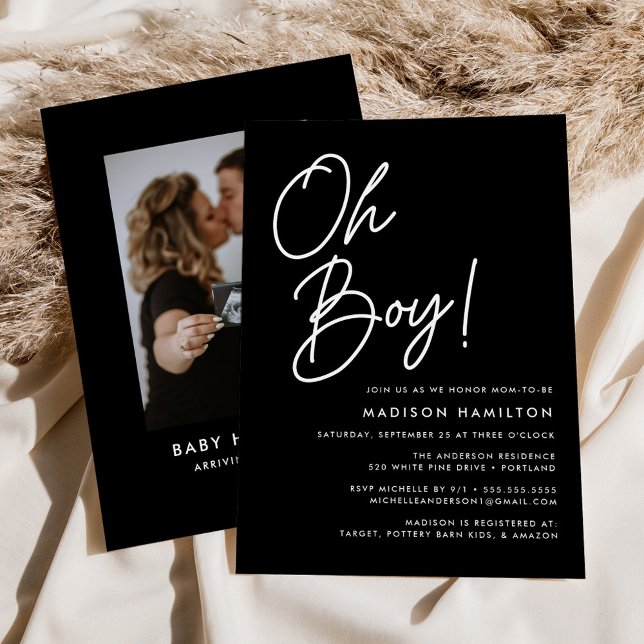 Oh Boy Script Black and White Photo Baby Shower Invitation (Creator Uploaded)