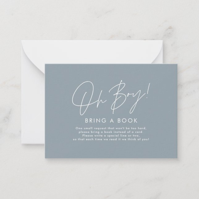 oh boy script blue baby shower bring a book  card (Front)