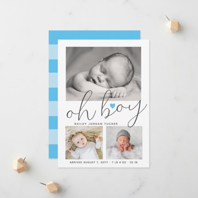 Oh Boy Script Blue Heart Collage Photo Birth Announcement (Front/Back In Situ)