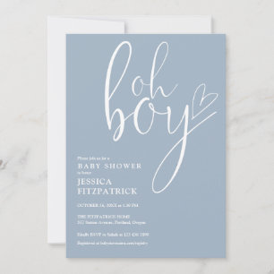 Oh Boy Script Heart Dusty Blue Boy Baby Shower Invitation