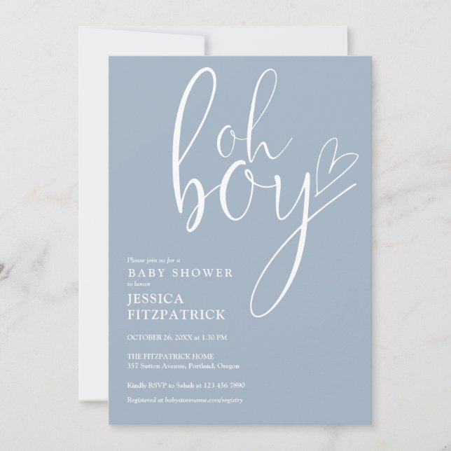 Oh Boy Script Heart Dusty Blue Boy Baby Shower Invitation (Front)
