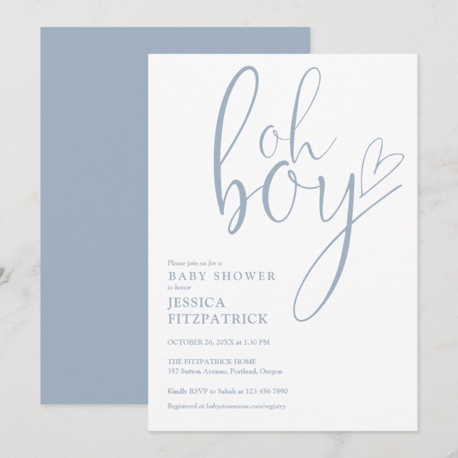 Oh Boy Script Heart Dusty Blue Boy Baby Shower Invitation (Front/Back)