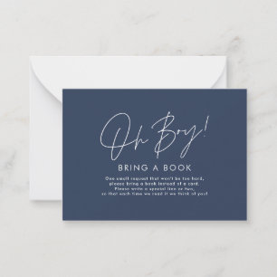 oh boy script navy blue baby shower bring a book  card