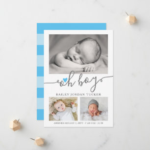 Oh Boy Script Sky Blue Heart Photo Collage Birth Announcement