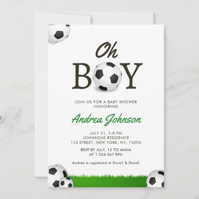 Oh Boy Soccer Balls Grass Player Coach Baby Shower Save The Date (Front)