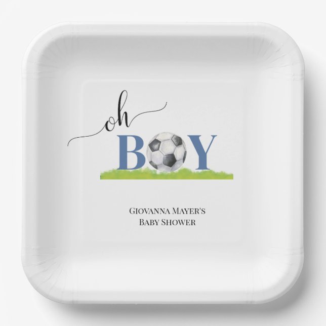 Oh Boy Soccer Boy Baby Shower Invitation Paper Plate (Front)