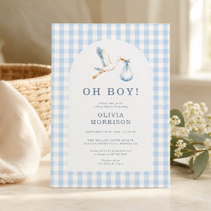 Oh Boy Stork Blue Gingham Baby Shower Invitation