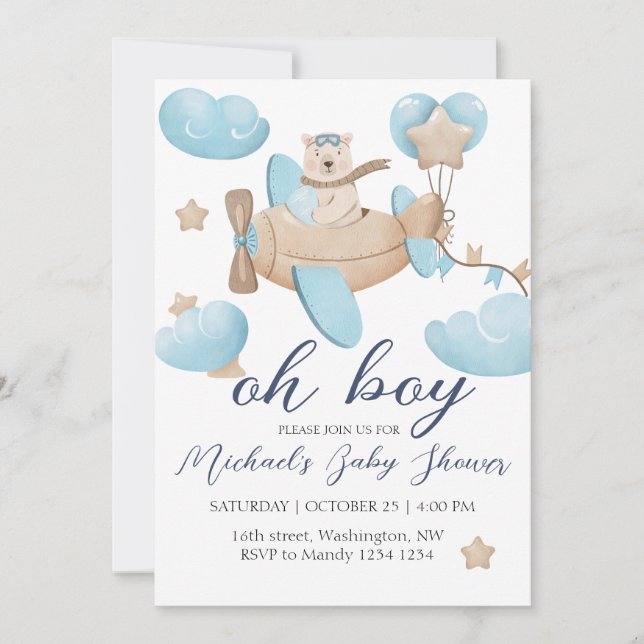 Oh Boy Teddy Bear Airplane Baby Shower Invitation (Front)