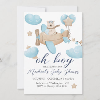 Oh Boy Teddy Bear Airplane Baby Shower Invitation
