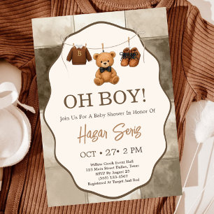 Oh Boy Teddy Bear Beige Gingham Baby Shower Invitation
