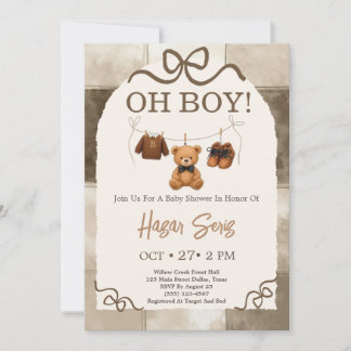 Oh Boy Teddy Bear Beige Gingham Baby Shower Invitation