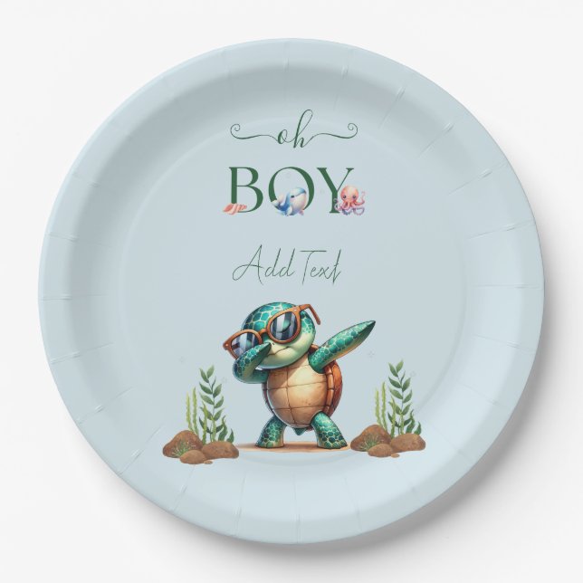 Oh Boy Under The Sea Turtle Baby Shower Paper Plate (Front)