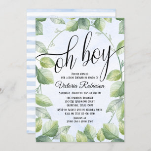 Oh Boy Watercolor Greenery Boy Baby Shower Invitation