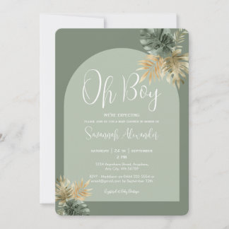 Oh Boy Watercolor Tropical Leaves Baby Shower Invitation