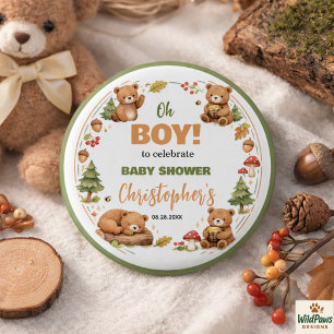 Oh Boy Watercolor Woodland Bear Baby Shower 1 Inch Round Button
