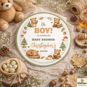 Oh Boy Watercolor Woodland Bear Baby Shower Classic Round Sticker