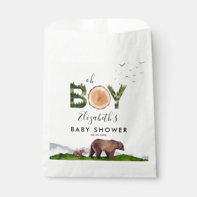 Oh Boy Watercolor Woodland Bear Baby Shower  Favour Bag (Front)