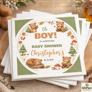 Oh Boy Watercolor Woodland Bear Baby Shower Napkin