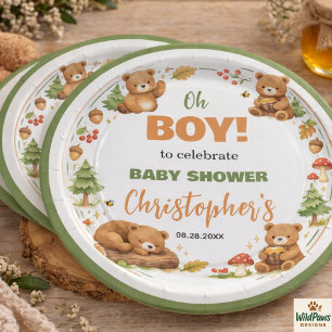 Oh Boy Watercolor Woodland Bear Baby Shower Paper Plate