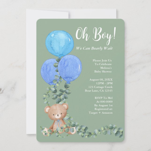 Oh Boy We Can Bearly Wait Baby Shower Sage Green Invitation (Front)