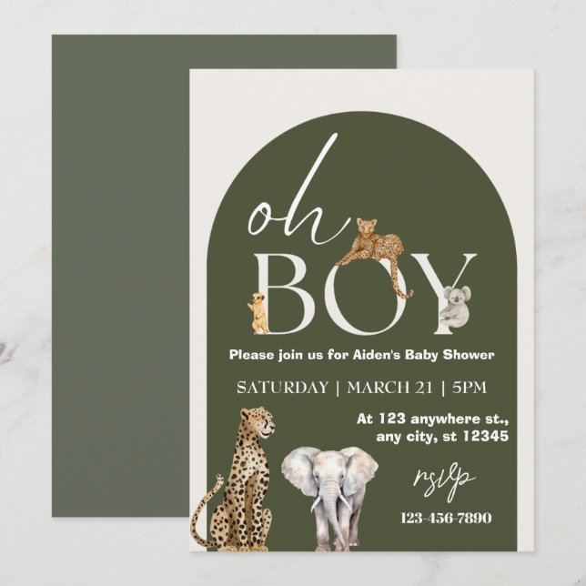 Oh Boy Wild One Animals Boy Baby Shower Invitation (Front/Back)