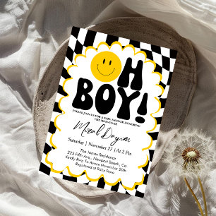 Oh Boy! Yellow Chequered Happy Face Baby Shower Invitation