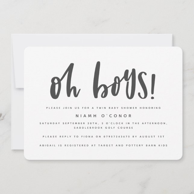 Oh boys twin baby shower invitation (Devant)