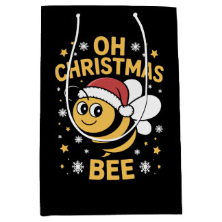 Oh Christmas Bee Santa Hat Snowflakes Stars Xmas Medium Gift Bag
