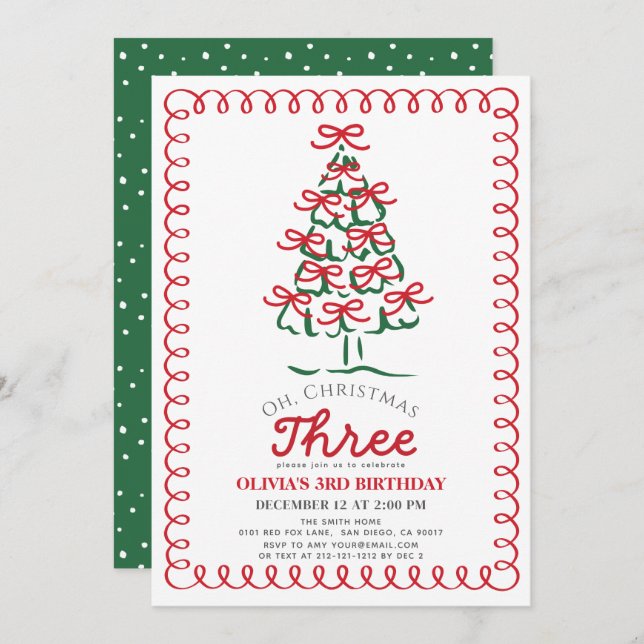 Oh Christmas Three Green Tree 3rd Birthday Invitation (Front/Back)