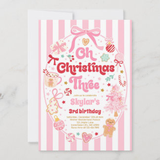 Oh Christmas Tree Coquette Bow 3rd Birthday Invitation