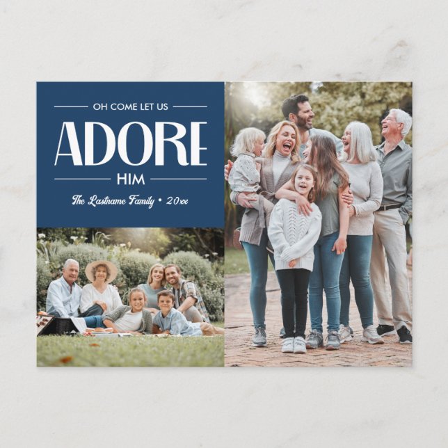 Oh Come Let Us Adore Him BLUE Christian 2 Photo  Holiday Postcard (Front)