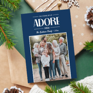 Oh Come Let Us Adore Him BLUE Christian Photo  Holiday Card