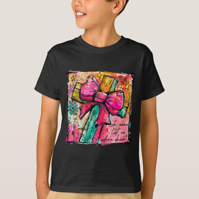 Oh Come Let Us Adore Him Faith Cross Christian Chr T-Shirt (Front)