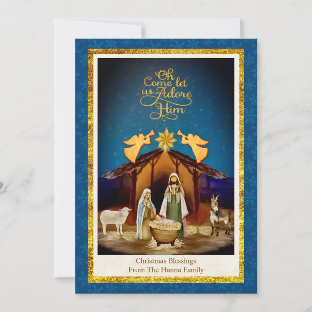 "Oh Come Let Us Adore Him" Nativity Christmas Holiday Card (Front)