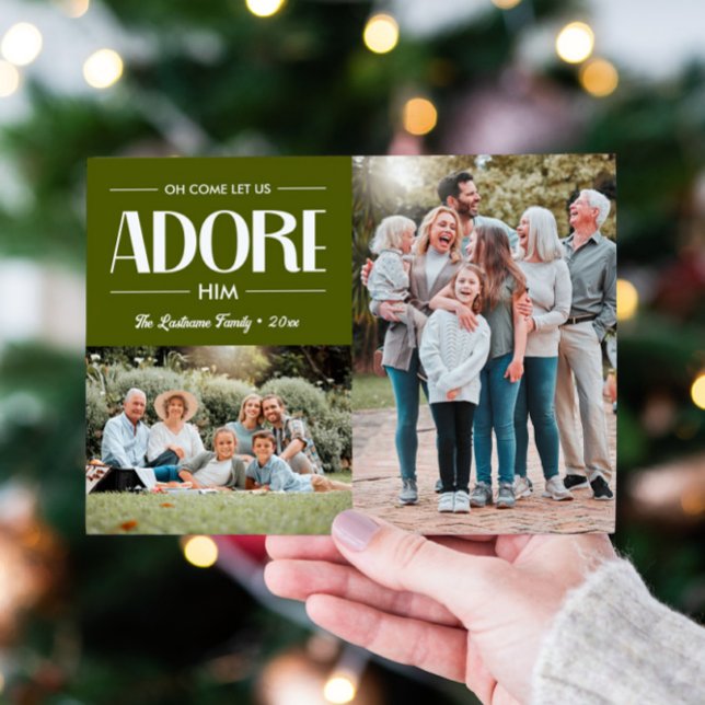 Oh Come Let Us Adore Him OLIVE Christian 2 Photo  Holiday Card (OLIVE GREEN 2 PHOTO TEMPLATE CHRISTIAN RELIGIOUS HIOLIDAY GREETINGS CHRISTMAS FAMILY PORTRAIT)