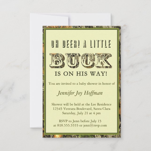 Oh Deer, A Little Buck Is On His Way! Camo Invite (Front)