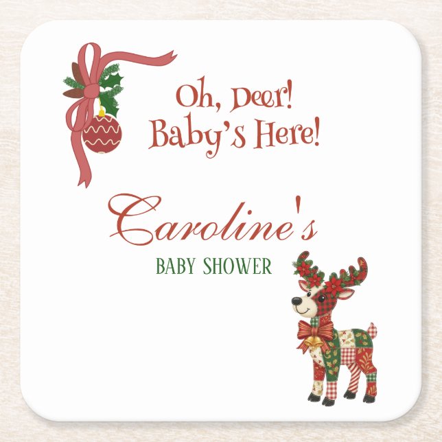Oh, Deer! Baby’s Here! – Christmas Baby Shower Square Paper Coaster (Front)