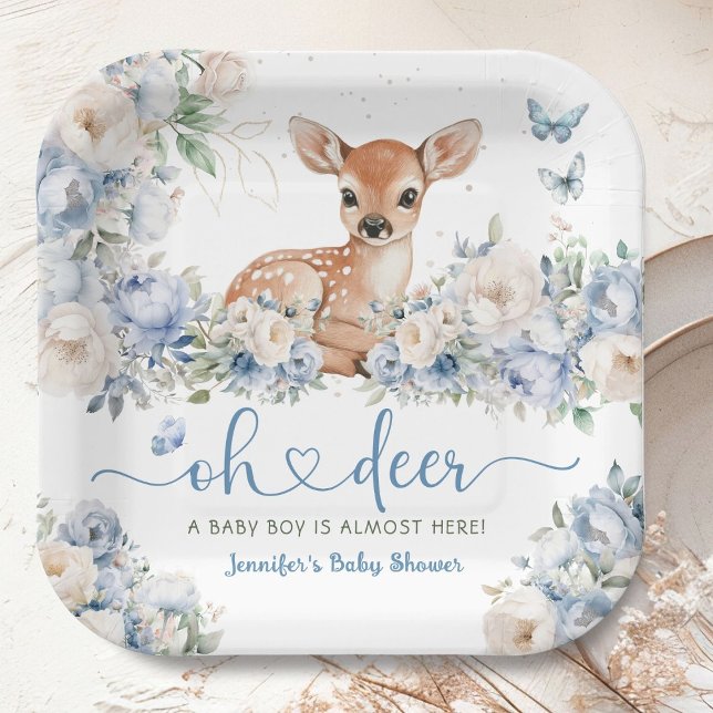 Oh Deer Baby Shower Boy Dusty Blue Paper Plate (Creator Uploaded)