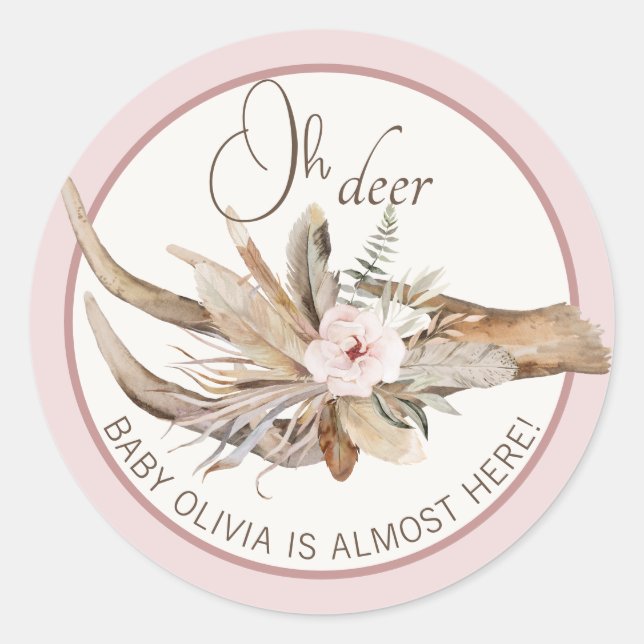 Oh Deer Baby Shower Favour Sticker – Pink Woodland (Front)