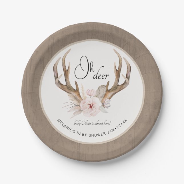 Oh Deer Baby Shower Paper Plates – Woodland Floral (Front)