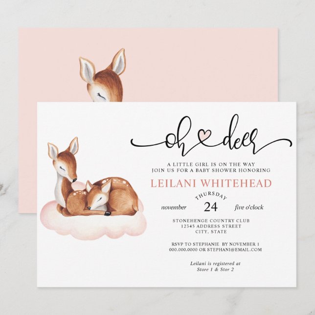 Oh Deer Baby Shower Watercolor Pink Cloud Invitation (Front/Back)