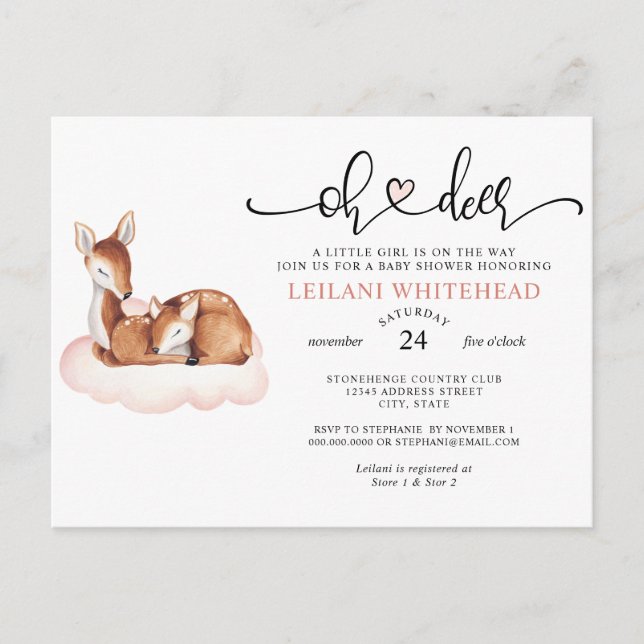 Oh Deer Baby Shower Watercolor Pink Cloud Invite Postcard (Front)