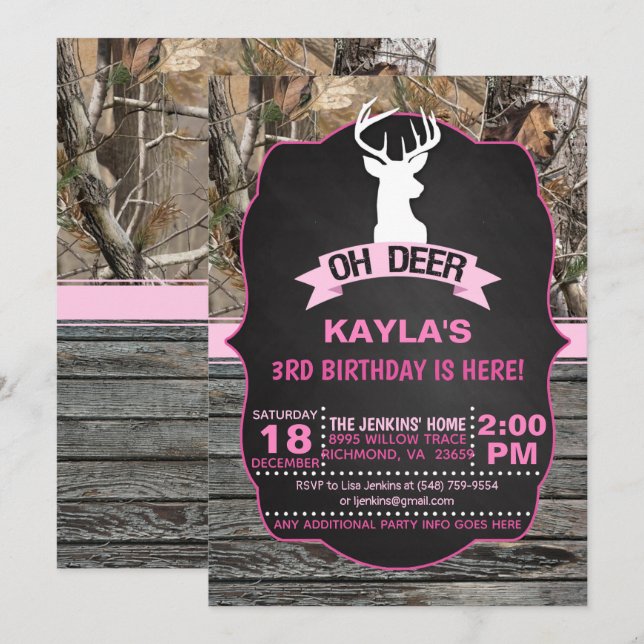 OH Deer Birthday Invitation - Girl (Front/Back)