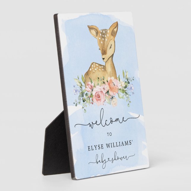Oh Deer Blue Baby Shower Welcome Sign Plaque (Side)